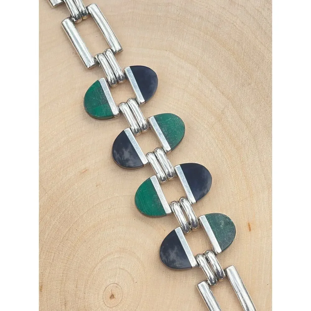 Vintage Taxco Mexico Sterling Silver Malachite Onyx Bracelet - 57 grams